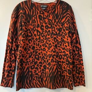 C by Bloomingdales Cashmere Dark Orange Sweater with Leopard and Zebra Print